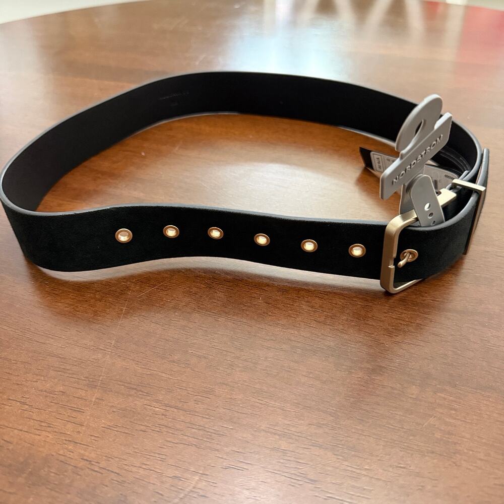 AllSaints 38mm Suede Leather Warm Brass Eyelet Belt, Black XS